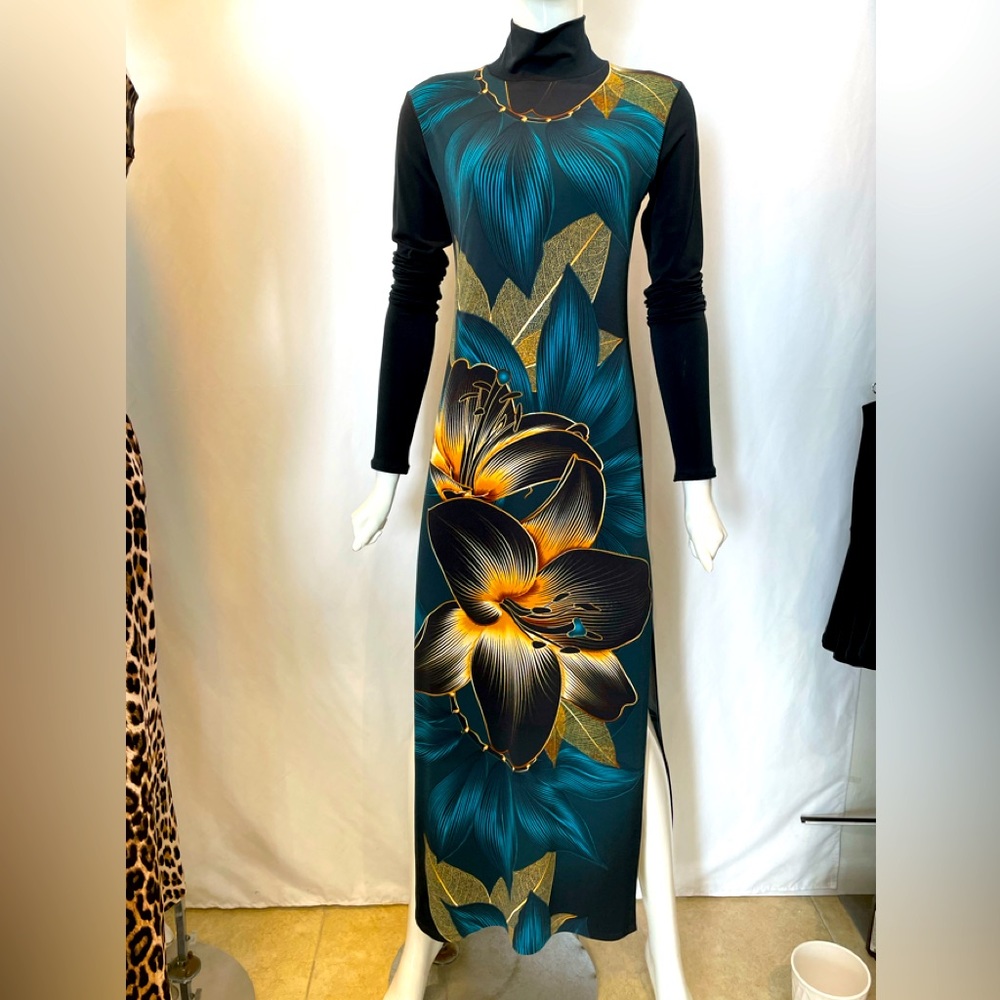 EVA VARRO,KADAS ,MOCK NECK , 2 SLIT , EXTRA LONG SLEEVES, LONG TIGHT DRESS-LILY